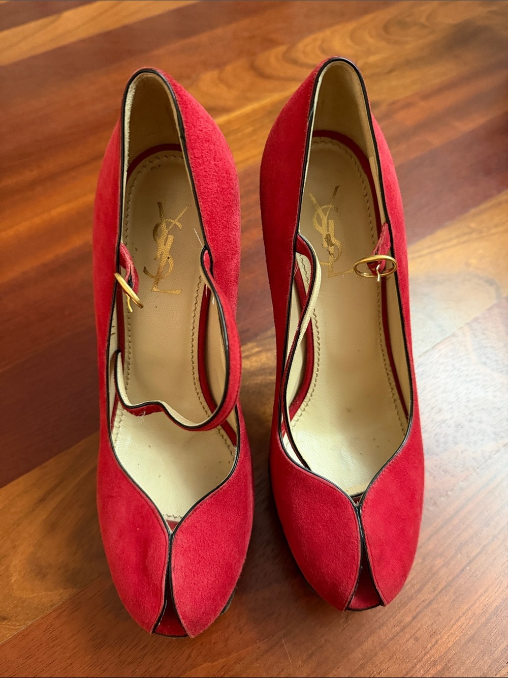 Saint Laurent Red Suede Peep-Toe Pumps with Ankle Strap